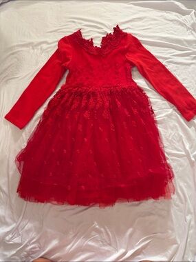 Girls Red Lace & Tulle Long-Sleeve Party Dress